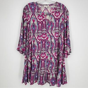 Umgee Paisley Swing Mini Dress Size Large Boho Bell Sleeves Pink & Blue